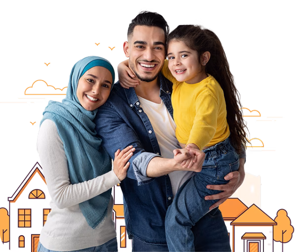 A happy family with a mother wearing a hijab, father, and young daughter, with cartoon houses in the background.
