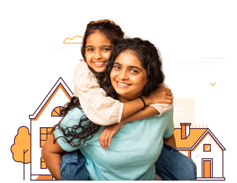 Mother Gives Her Daughter Piggyback Ride Cartoon Houses A mother gives her daughter a piggyback ride in front of cartoon houses and trees.