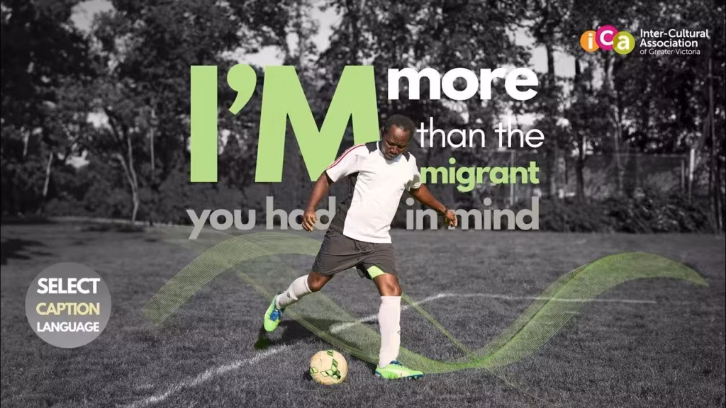 A Black man in athletic wear kicks a soccer ball on a grassy field with text overlay.