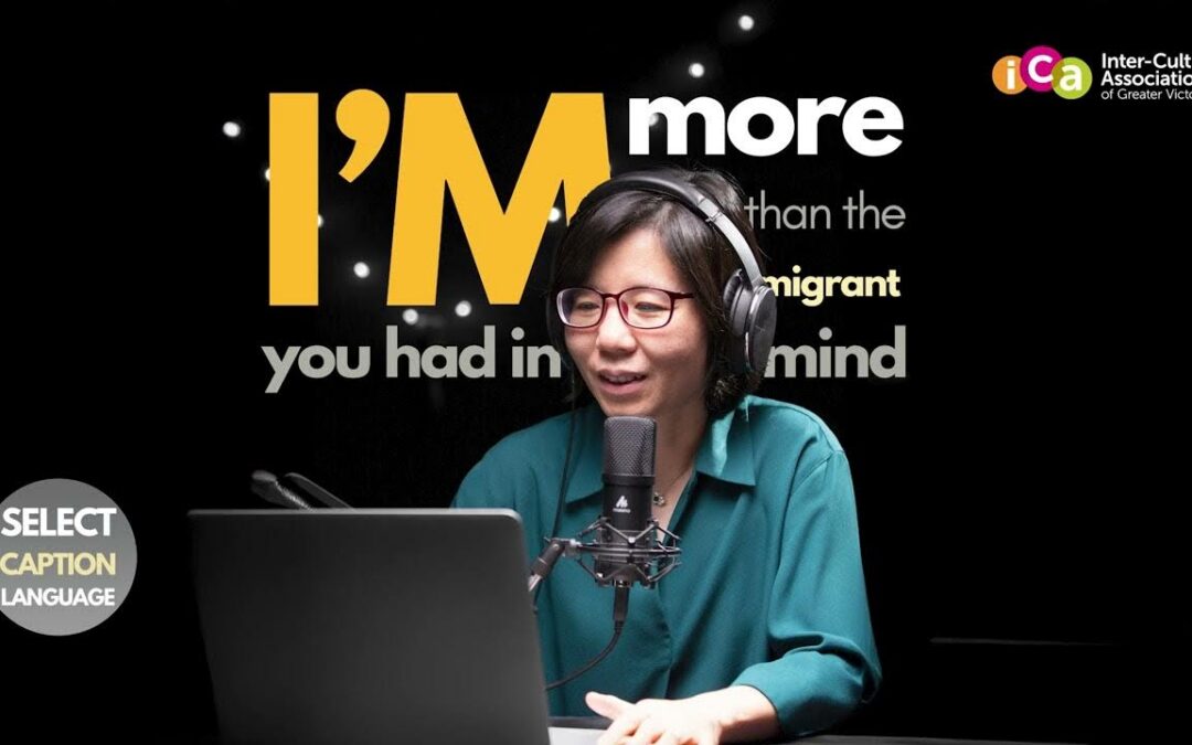 A woman wearing headphones and glasses speaks into a microphone, in front of a laptop, with text overlaid on a black background.