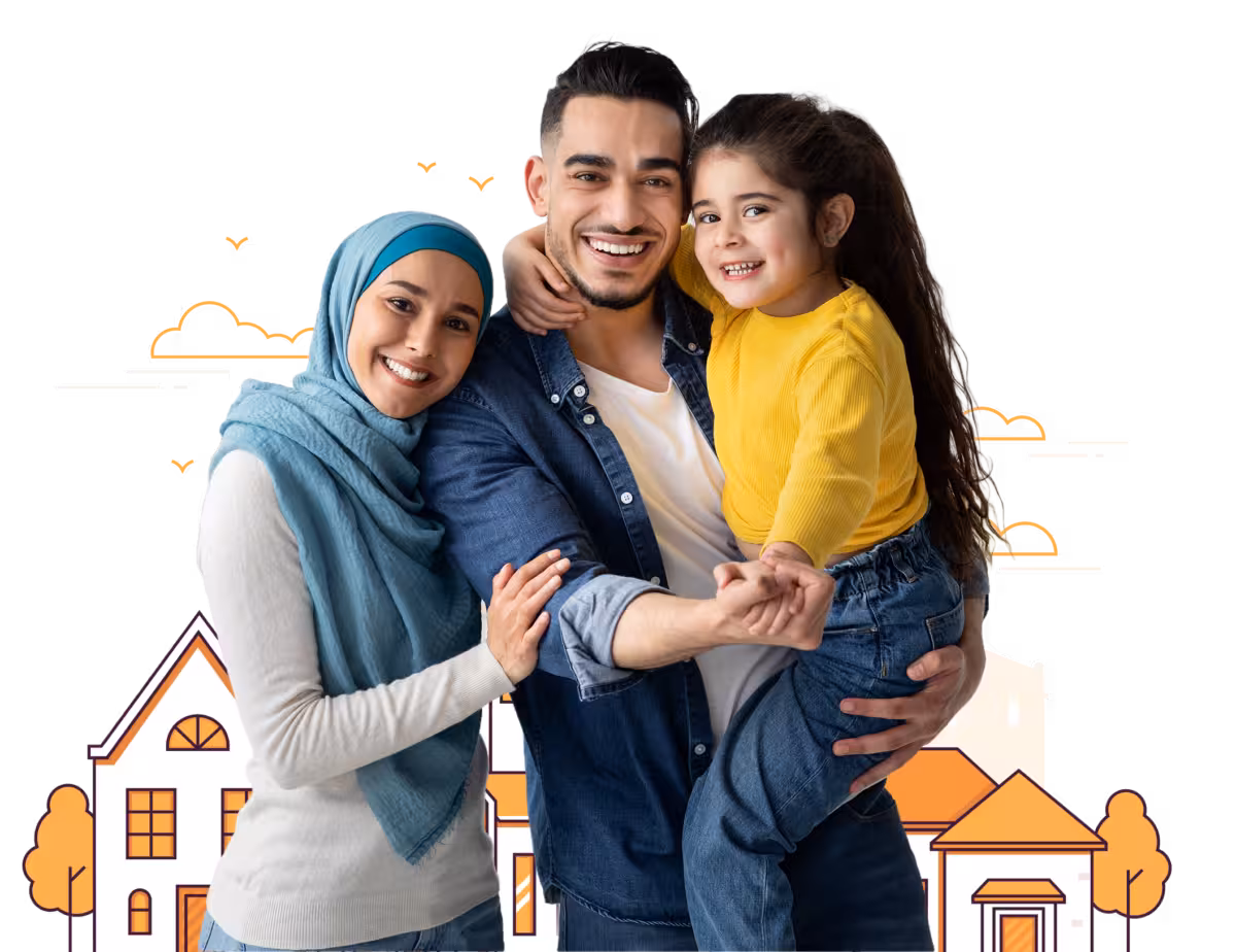 A smiling family of three, a father holding his daughter, with a mother in a hijab standing beside them.
