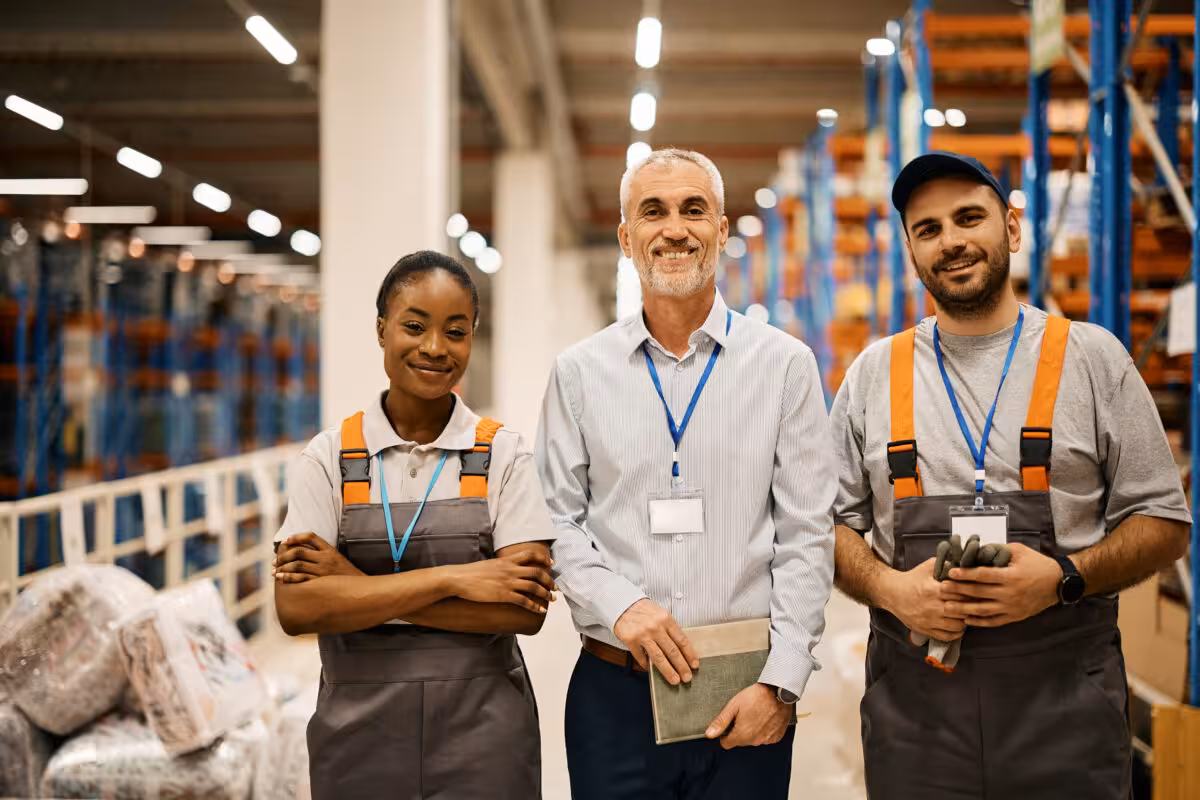 Three smiling people, two in work overalls and one in a button-down shirt, stand in a warehouse.